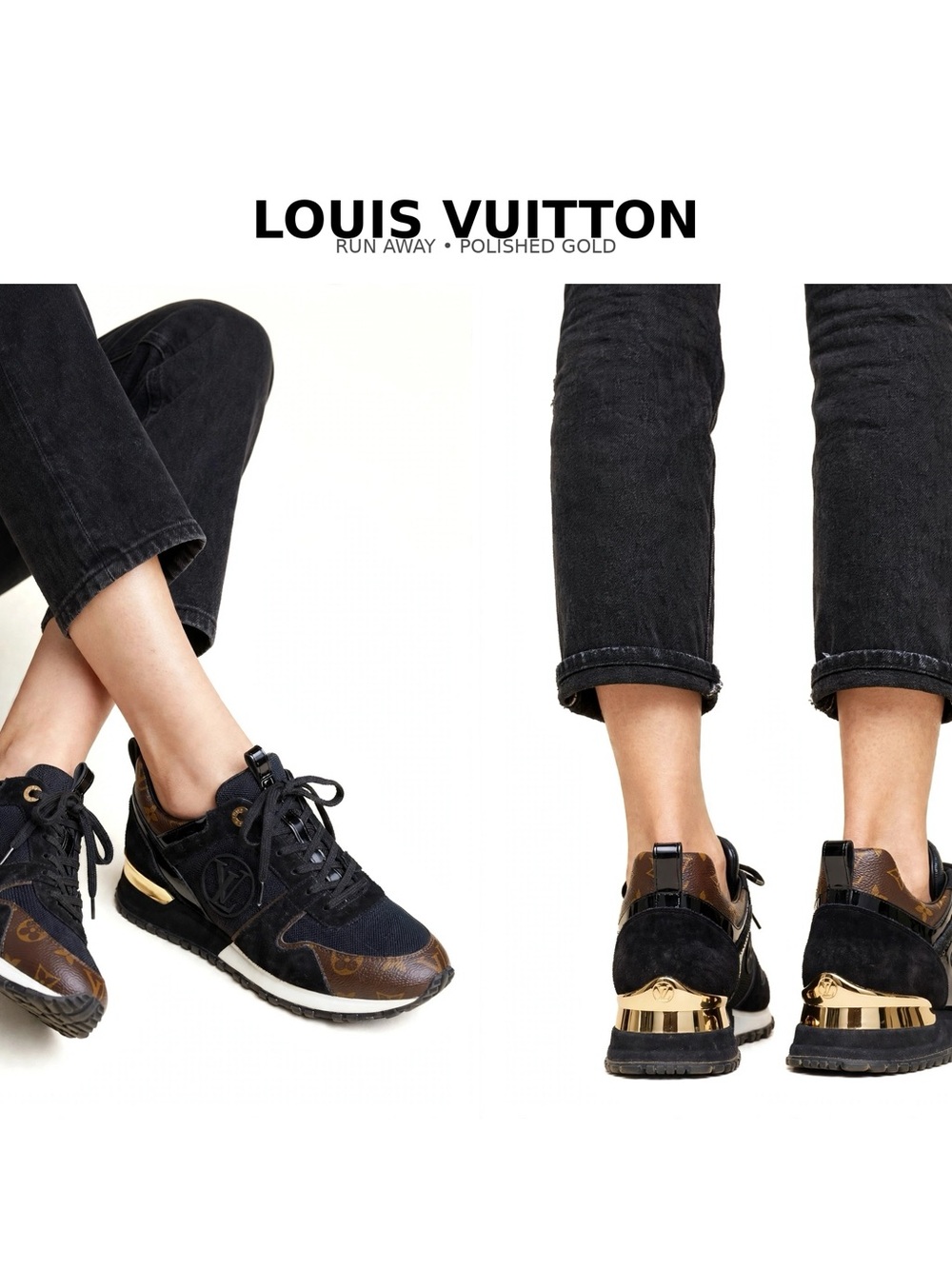 Size 9.5 Louis Vuitton Black Suede & Brown Monogram Sneakers with Gold Heel